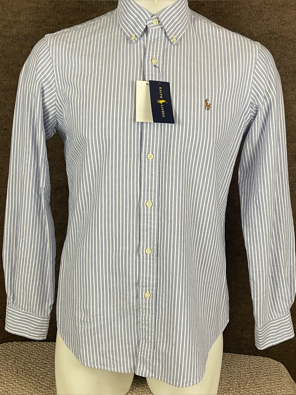 Polo Ralph Lauren Button Up Shirt Men’s Large Blue Striped Flesh Pony NWT 96
